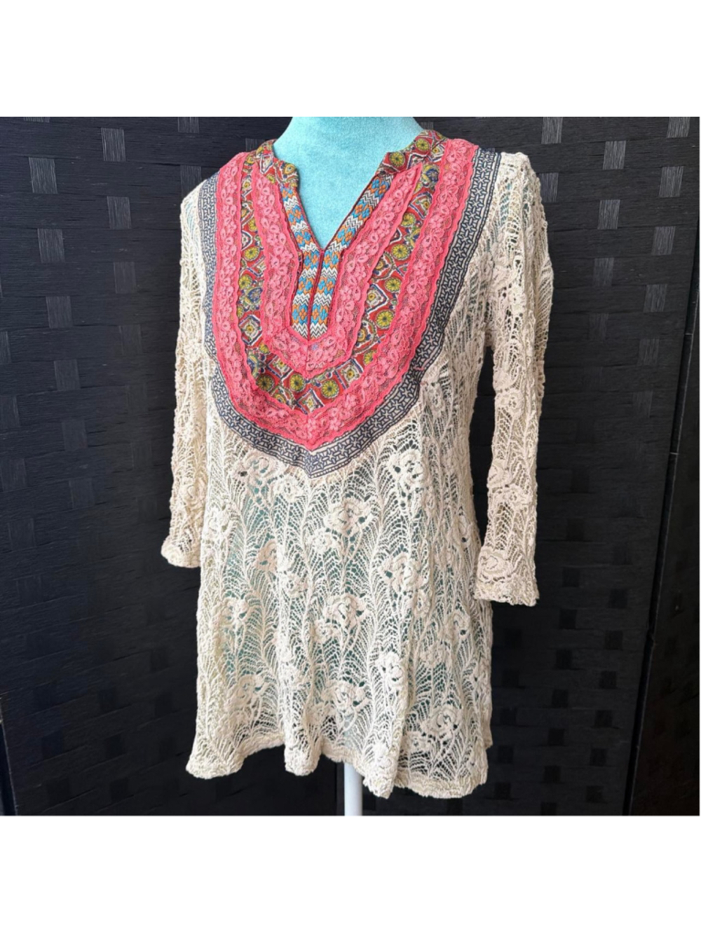 Cream lace see through tunic with coral lace, multicolored embroidered v-neck